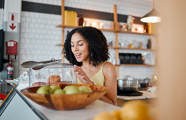 Image showing Croissant, cafe and black woman or customer with food choice for morning breakfast or lunch. Wow, happy and person at a small business startup in USA New York for bread, services or bakery industry