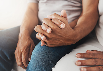 Image showing Senior, love and couple holding hands for support, prayer or empathy, trust or affection. Valentines day, romance and elderly man and woman together for respect, worship or praying for hope and peace