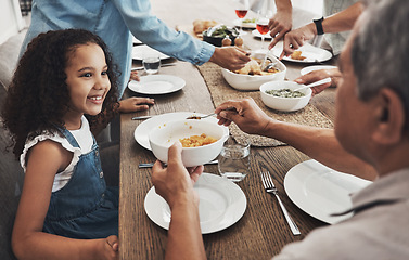 Image showing Food, family and grandfather with child for holiday celebration, Christmas and nutrition. Happy kid with senior man or person with lunch help, love and care in Mexico home and dining room