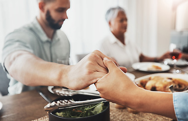 Image showing Family prayer, holding hands zoom and dinner buffet at home of grandparents with father at a table. Worship, praying and food for a holiday together in a house with spiritual gratitude for feast