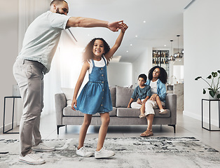 Image showing Happy family, dance and music in a living room by girl and father playing, bonding and happy in their home. Kids, parents and dancing game in a lounge on a weekend, cheerful and happiness together