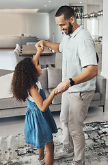 Image showing Music, love and father dance with girl in living room for playing, bonding and having fun in their home. Podcast, happy family and man with daughter in lounge for dancing, happy and smile on weekend