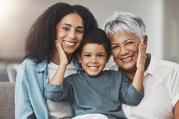 Image showing Love portrait, smile and happy family relax, care and enjoy quality bonding time together in Brazil. Holiday apartment, happiness or young youth child, mother and senior grandmother in vacation home