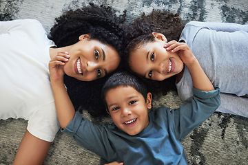 Image showing Family, mom and children relax together at home, love and care in portrait with motherhood and happiness. Freedom, happy people and bonding, black woman and kids smile with childhood top view