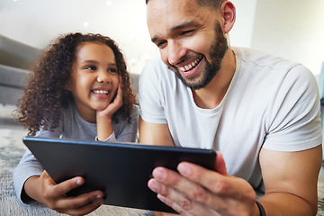 Image showing Girl, father or bonding on tablet in house, home or floor for live streaming, watching movies or education social media. Smile, happy kid or man on technology for video call, children website or app