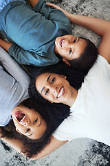 Image showing Top view, family and portrait of mother with kids in home, having fun and laughing at funny joke. Love, care and happy mama with girl, boy or children, bonding and enjoying quality time together.