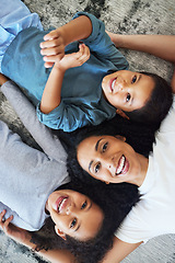 Image showing Family, mother and children relax together at home, love and care in portrait with motherhood and happiness. Freedom, happy people and bonding, black woman and kids smile with childhood top view