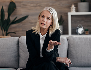 Image showing Business therapist, psychology communication and portrait of a mature woman sitting on a couch. Mental wellness worker, psychologist and life coach doing a counseling consultation on a office sofa