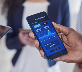 Image showing Stock market, finance and hands with stats on a phone, crypto growth and analytics online on a screen. Investment, trading and businessman showing mobile app for financial investing and exchange data