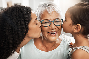 Image showing Kiss, affection and children with grandmother for love, birthday or mothers day. Gratitude, care and an elderly woman with a baby and daughter kissing for appreciation, caring and loving at home