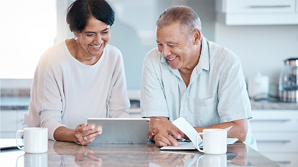 Image showing Happy senior couple, tablet and debt research of elderly people in retirement looking at budget. Digital, finance data and marriage of a Indian woman and man planning for a life insurance policy