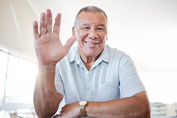 Image showing Senior man, hand and portrait for video call to wave hello for communication with zoom connection. Smile and face of happy old person with emoji for greeting during virtual conversation or home chat