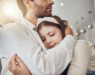 Image showing Love, hug or father with a girl to relax as a family bonding in Australia with trust, childcare or safety. Hugging, sleeping or dad with calm kid enjoying quality time on a peaceful holiday at home