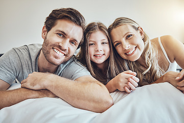 Image showing Portrait, mother or father with a girl in bedroom relaxing as a happy family bonding in Australia with love or care. Morning, face or fun parents smile with kid enjoying quality time on a holiday