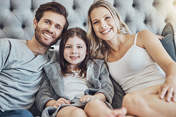 Image showing Portrait, mother or father with a child in bedroom relaxing as a happy family bonding in Australia with love or care. Morning, face or fun parents smile with a girl enjoying quality time on a holiday