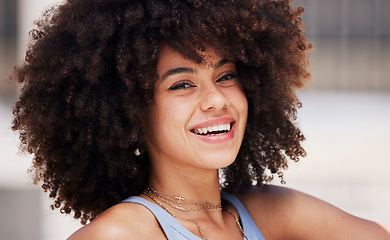 Image showing Beauty, smile and portrait of a happy black woman with an afro with a positive, good and optimistic mindset. Happiness, excited and face of beautiful African female smiling with natural healthy hair.