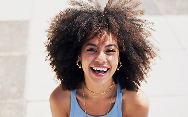 Image showing Black woman, happy in portrait with fashion and beauty outdoor, street style with natural hair, makeup and jewelry. Freedom, happiness and mockup with afro, person in Cape Town with mindset and glow