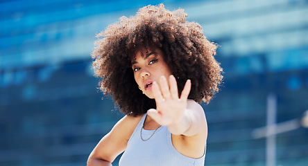 Image showing Fitness, dance and black woman in urban city with energy, hand moving and energy portrait of gen z youth. Natural hair, afro and workout, exercise or hip hop person or model on blue building