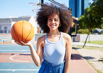 Image showing Fashion, basketball court and portrait of black woman with smile in cool outfit, urban style and edgy clothes in city. Sports, fitness and face of girl outdoors with ball happy, confident and trendy