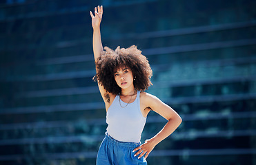 Image showing Black woman, stretching arms and fitness portrait outdoor with focus, commitment and mindset. Young gen z girl, urban athlete and training with motivation, wellness and healthy strong body for goals