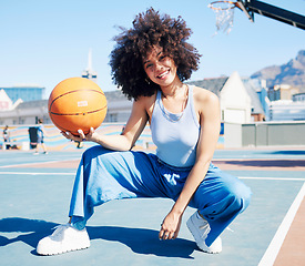 Image showing Fashion, basketball court and portrait of black woman with smile in trendy, urban style and edgy clothes in city. Sports, fitness and girl model outdoors with ball for freedom, energy and confidence