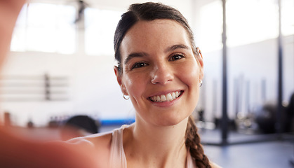 Image showing Woman, face and smile in gym selfie with fitness, happy and healthy with mockup space and sport motivation. Portrait, happiness in picture and wellness with health and active lifestyle with sports