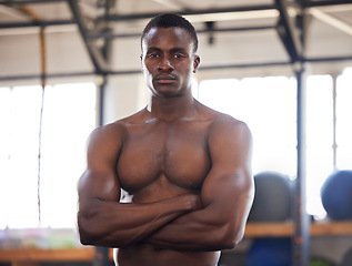 Image showing Fitness, portrait and man at gym proud, training or empowered mindset on blurred background. Bodybuilder, attitude and face of black guy with motivation for body goal, exercise or workout performance