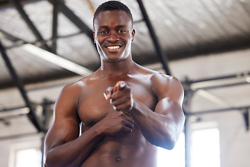 Image showing Portrait, muscular and black man pointing, motivation and guy with happiness, focus and determined with endurance. Face, male athlete and bodybuilder with inspiration, Ghana and training for fitness