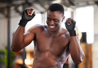 Image showing Fitness, man and dance for gym, success and body goal victory for training on blurred background. Happy, guy and dancing celebration after workout for performance, exercise and kickboxing milestone