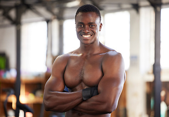 Image showing Happy, fitness and portrait of man at gym proud, smile and relax with empowered, mindset and blurred background. Face, bodybuilder and positivity by black guy training, workout and exercise routine