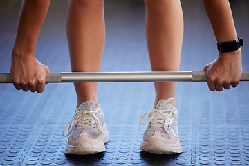 Image showing Barbell, hands and woman exercise on floor for fitness, workout and sports challenge in gym. Closeup female athlete, bodybuilder and heavy weights on ground for deadlift, wellness and muscle power