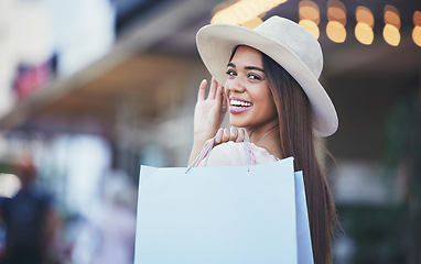 Image showing Woman, shopping bag and portrait smile in the city carrying bags for discount, deal or purchase. Happy female shopper smiling in joyful happiness for luxury, fashion gifts or sale in an urban town