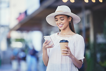 Image showing Woman, phone and coffee in city for communication, travel and 5g network connection. Fashion person outdoor on urban journey, taxi contact or social media with smartphone for online shopping payment