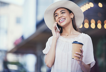 Image showing Woman, phone call and coffee on a city road for communication, travel and 5g network. Happy fashion hat person outdoor for urban journey, contact or conversation with smartphone and bokeh mockup