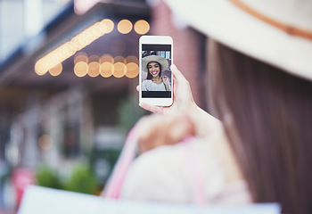 Image showing Selfie, screen and woman outdoor, summer vacation and traveling for break, getaway and photo for social media. Female, tourist and lady with smartphone, picture and connection with smile and in city