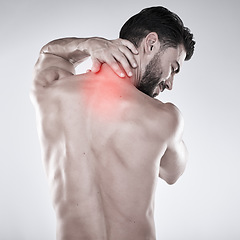 Image showing Fitness, hand or sports man with neck pain after exercise, body training injury or gym workout with injured muscle. Red glow, back view or stressed bodybuilder suffering isolated on studio background