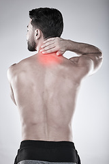 Image showing Fitness, hand or sports man with neck pain after exercise, body training injury or gym workout with injured muscle. Red glow, back view or stressed bodybuilder suffering isolated on studio background