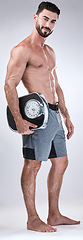 Image showing Fitness, exercise or man weight scale in studio after body training or gym workout for wellness goals. Healthy, progress or motivation with a male athlete in a club to monitor exercising performance