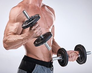 Image showing Fitness, strong or man with dumbbells in hands for exercise, training or workout for body goals. Gym motivation, sports or healthy bodybuilder weightlifting to grow biceps muscle isolated in studio