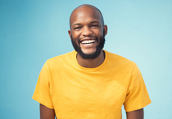 Image showing Black man, portrait or laughing on blue background, isolated mockup or wall mock up at comic, funny or comedy joke. Smile, happy face or student in trendy, cool or stylish fashion clothes on backdrop