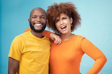 Image showing Couple, portrait or happy bonding on blue background, isolated comic mockup or wall mock up. Smile, black man or afro interracial woman and stylish, trendy or cool fashion clothes for relax urban fun