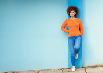 Image showing Relax, cool and woman thinking on a city wall for fashion, idea and waiting in Mexico with mockup. Smile, happy and African girl in an urban town for travel, motivation and relaxing on the weekend