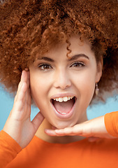 Image showing Wow, surprise and portrait of a woman with hands for frame isolated on a blue background. Smile, crazy and face of an African girl with a comic facial expression, excited and funny on a backdrop