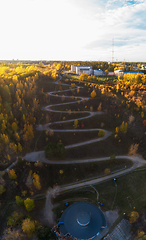 Image showing Aerial top vew of winding road in the city