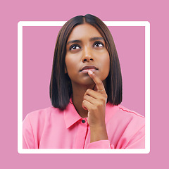 Image showing Confused, thinking and woman in studio on mockup, space and advertising on pink background. Unsure, doubt and indian girl contemplating, pensive and emoji gesture while standing in box frame isolated