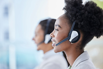 Image showing Call center, black woman and crm, telemarketing and customer service in office on blurred background. Faq, consulting and girl with online support, help and advice, contact us and friendly service