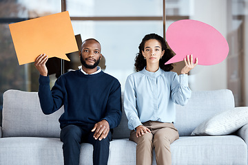 Image showing Black man, woman and speech bubble with space on sofa for opinion, idea or advice in portrait together for therapy. Psychology consultation, couch and poster for mock up, communication and support