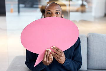 Image showing Portrait surprise, wow and black man with speech bubble for social media, vote or review. Mockup, shocked and male employee with chat sign for opinion, mock up or advertising, marketing or feedback.