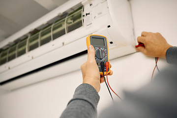 Image showing Air conditioner, maintenance hands and voltage meter with construction, wall and technician man. AC repair, professional hvac expert and handyman with digital reading, analysis or engineering service