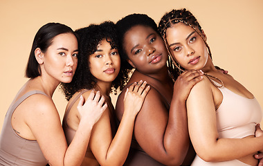 Image showing Skin care, diversity and portrait of women group together for inclusion, natural beauty and power. Body positive friends or real people on beige background for support, makeup and plus size self love